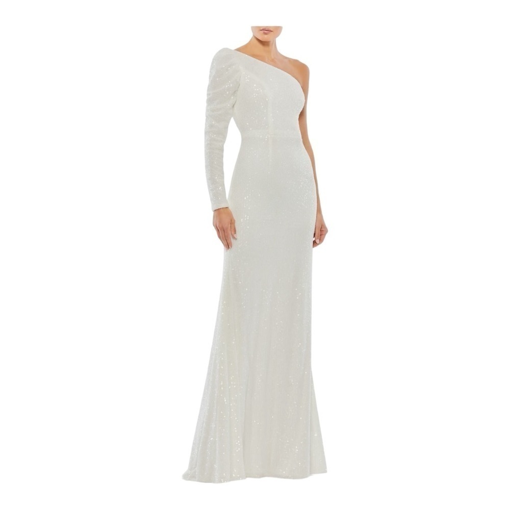 Mac Duggal One-Shoulder Long Sleeve Sequin Trumpet Gown in White NWT